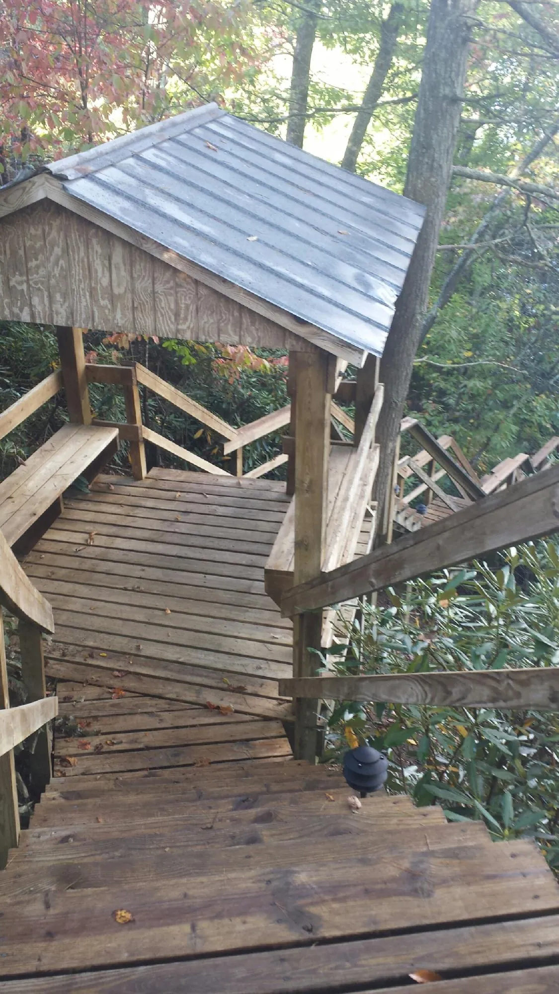 Metal roofed shelter over wooden steps on a wooded walkway — Skylight Repair & Installation work by our crew in Smartsville